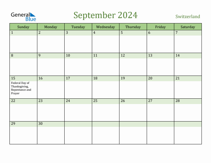 September 2024 Calendar with Switzerland Holidays