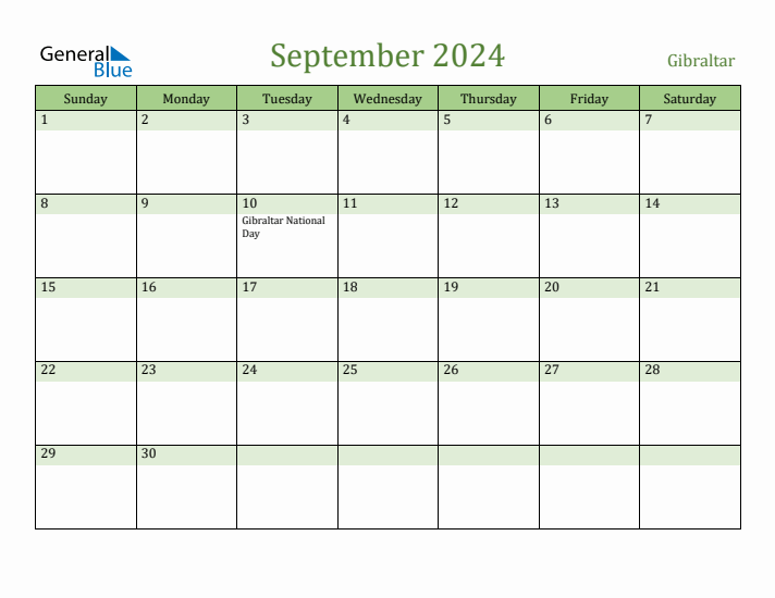 September 2024 Calendar with Gibraltar Holidays