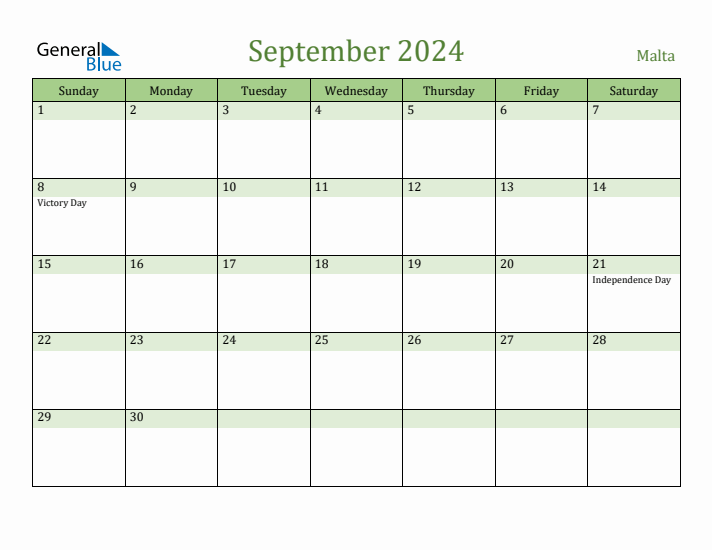 September 2024 Calendar with Malta Holidays