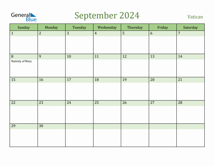 September 2024 Calendar with Vatican Holidays