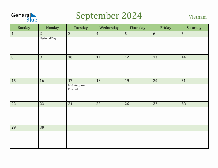 September 2024 Calendar with Vietnam Holidays