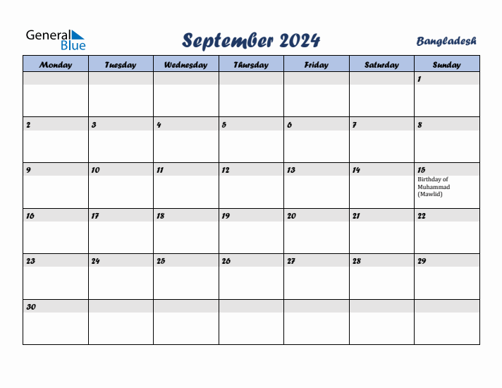 September 2024 Calendar with Holidays in Bangladesh