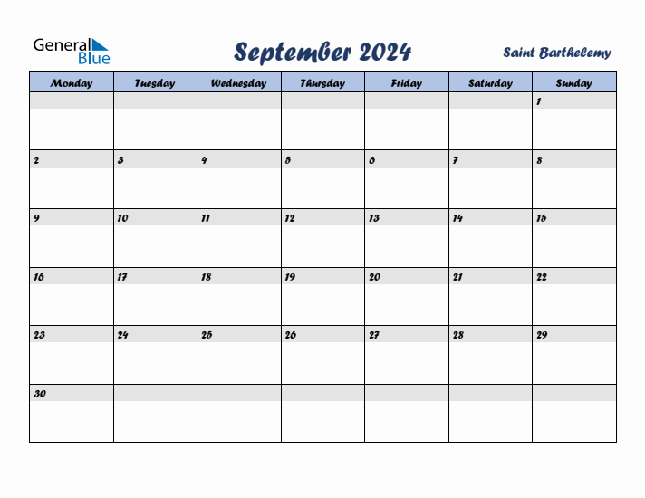 September 2024 Calendar with Holidays in Saint Barthelemy