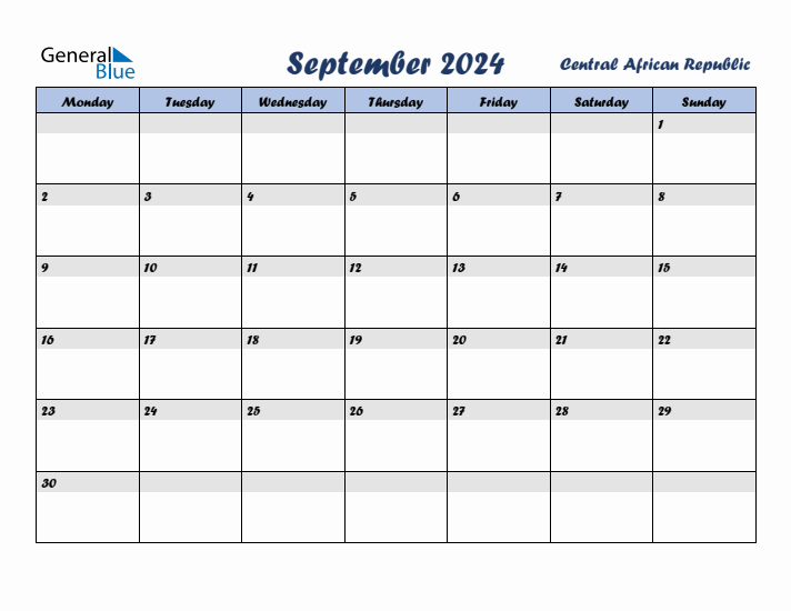 September 2024 Calendar with Holidays in Central African Republic