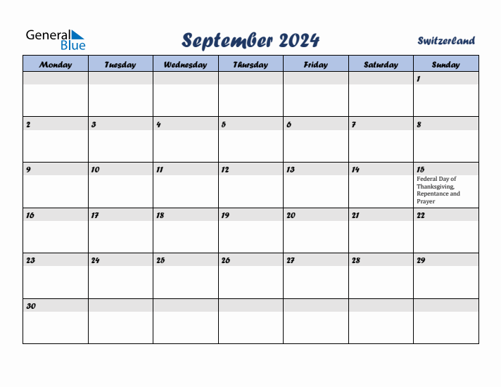 September 2024 Calendar with Holidays in Switzerland