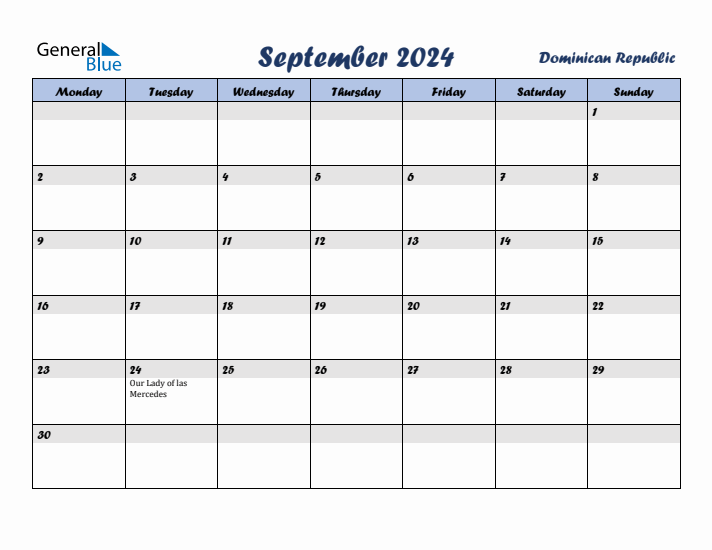 September 2024 Calendar with Holidays in Dominican Republic