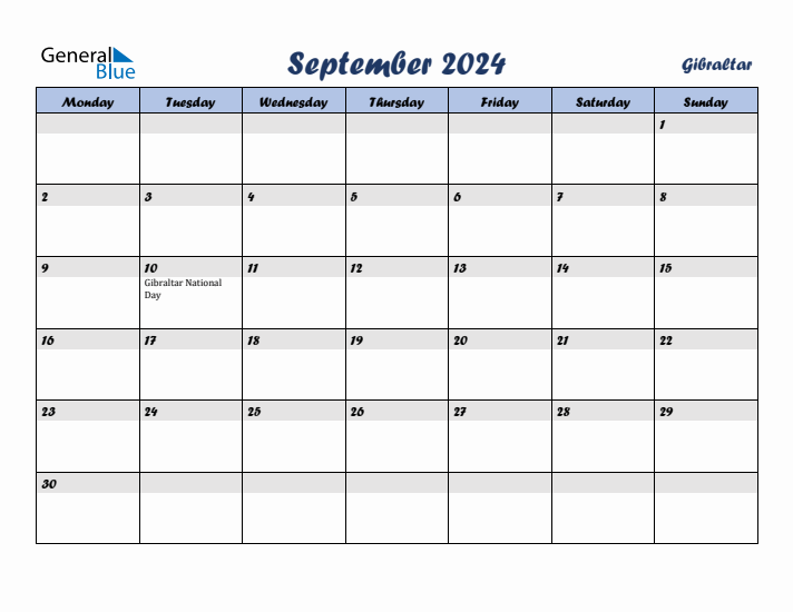 September 2024 Calendar with Holidays in Gibraltar