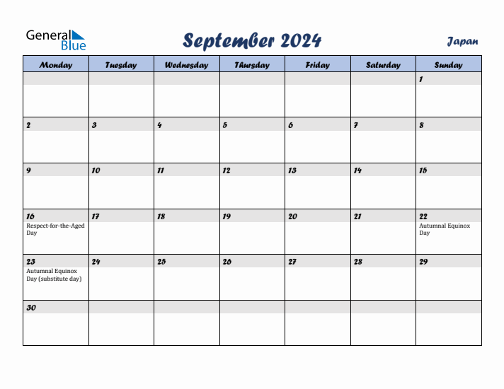 September 2024 Calendar with Holidays in Japan