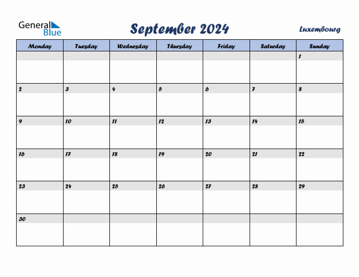 September 2024 Calendar with Holidays in Luxembourg