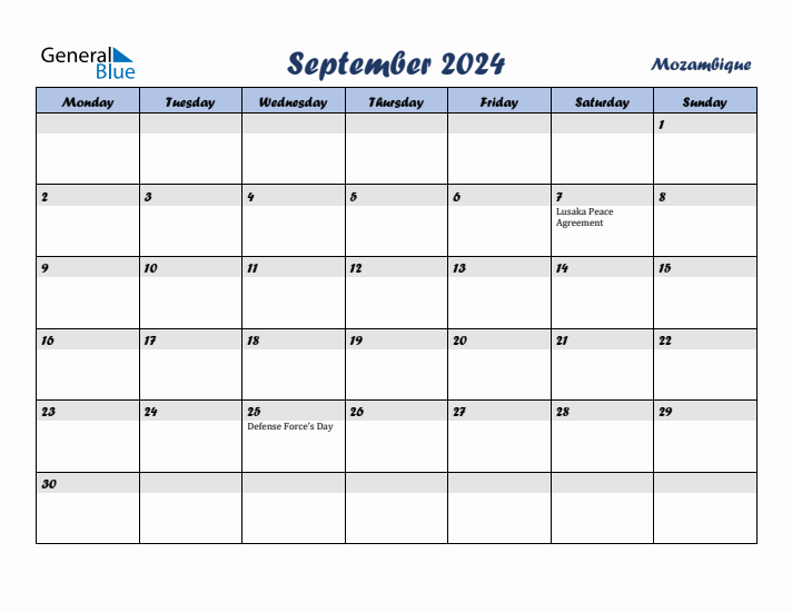 September 2024 Calendar with Holidays in Mozambique