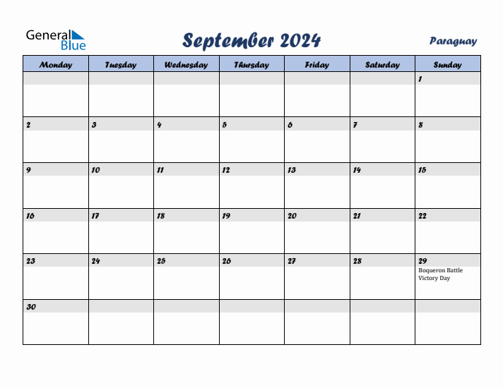 September 2024 Calendar with Holidays in Paraguay