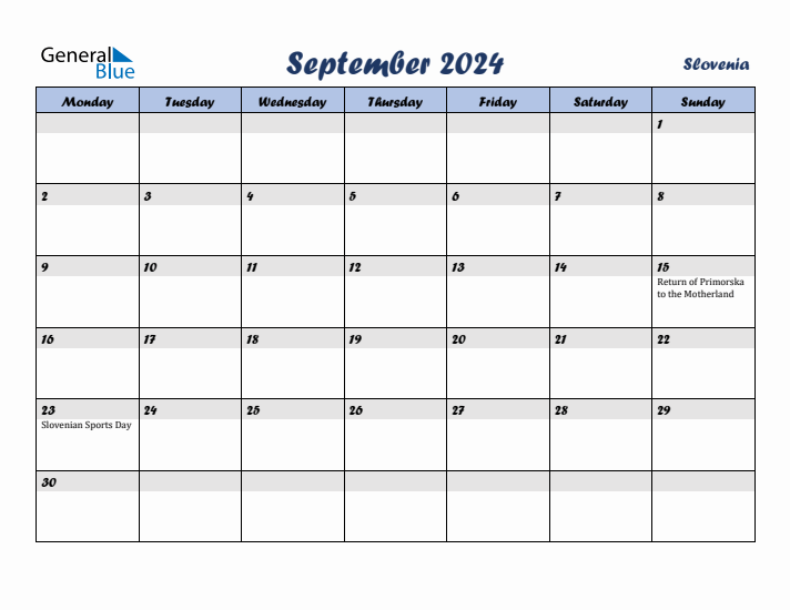 September 2024 Calendar with Holidays in Slovenia