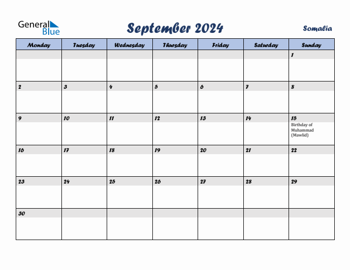 September 2024 Calendar with Holidays in Somalia