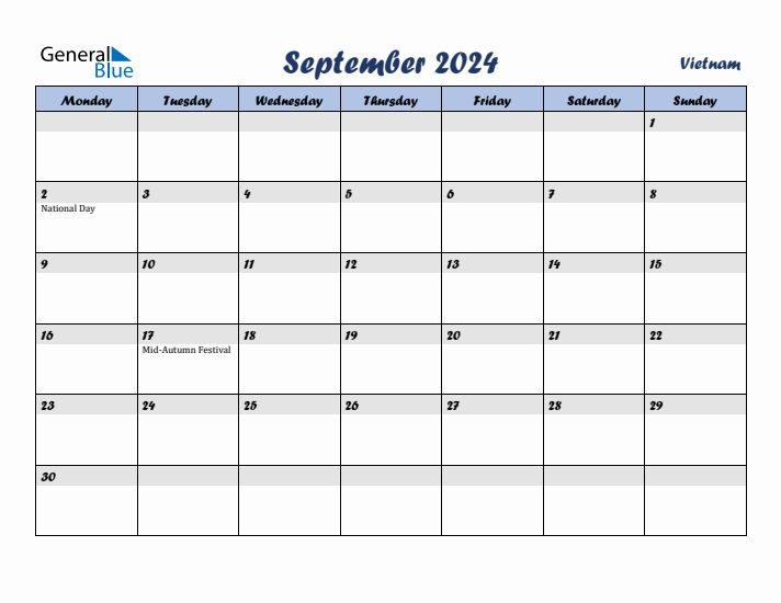 September 2024 Calendar with Holidays in Vietnam