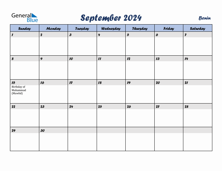 September 2024 Calendar with Holidays in Benin