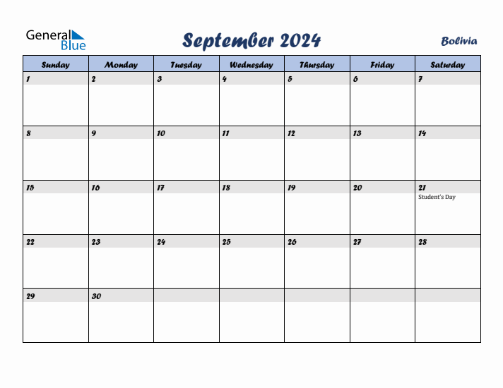 September 2024 Calendar with Holidays in Bolivia