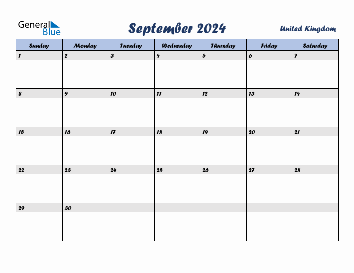 September 2024 Calendar with Holidays in United Kingdom