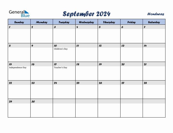 September 2024 Calendar with Holidays in Honduras