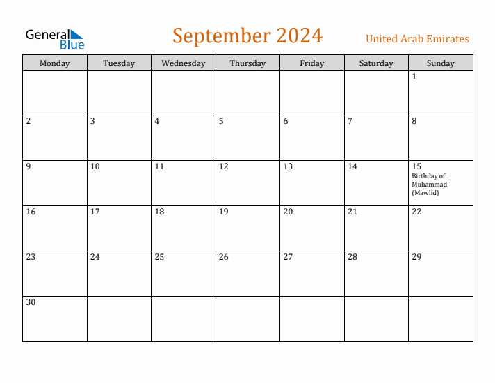 September 2024 Holiday Calendar with Monday Start