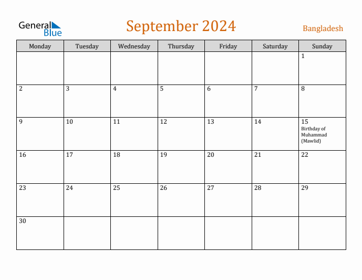 September 2024 Holiday Calendar with Monday Start