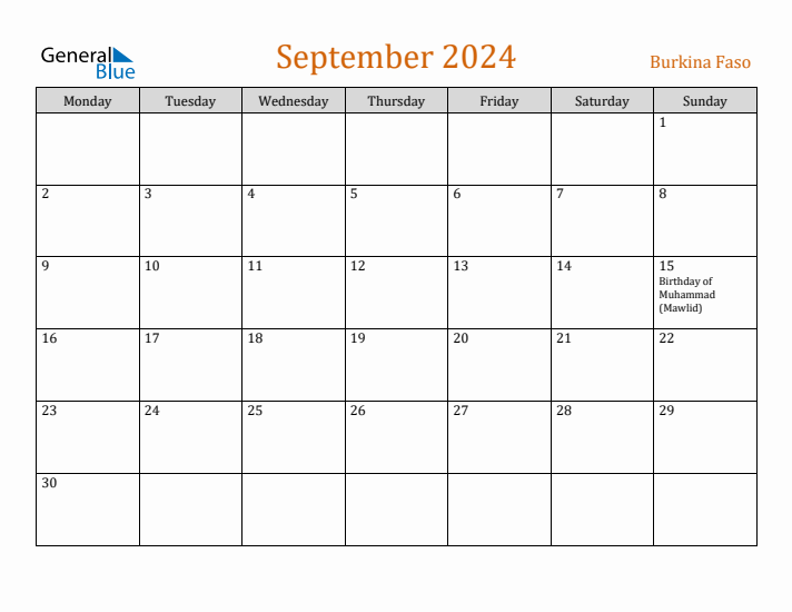 September 2024 Holiday Calendar with Monday Start