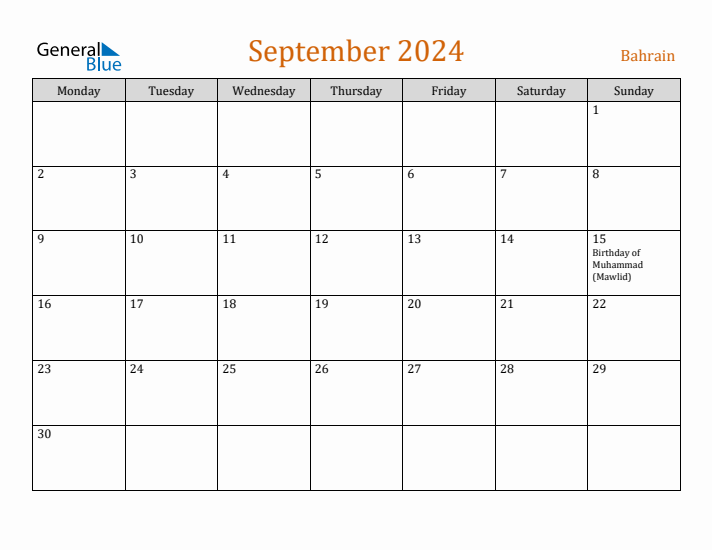 September 2024 Holiday Calendar with Monday Start