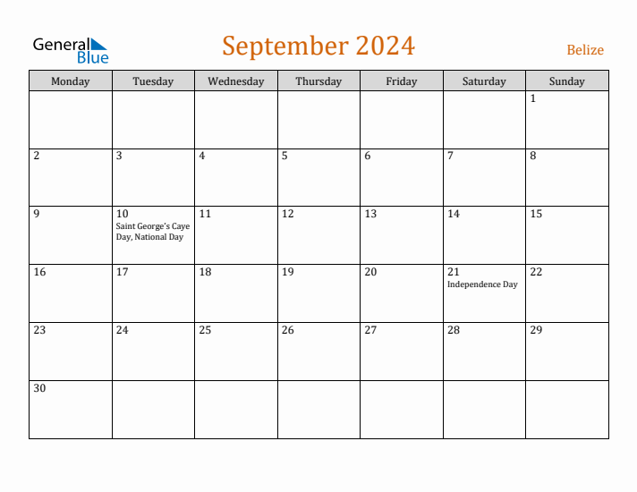 September 2024 Holiday Calendar with Monday Start