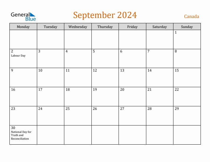 September 2024 Holiday Calendar with Monday Start