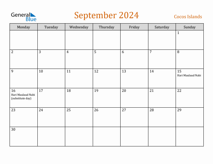 September 2024 Holiday Calendar with Monday Start