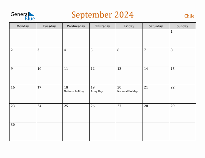 September 2024 Holiday Calendar with Monday Start