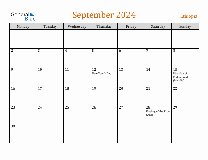 September 2024 Holiday Calendar with Monday Start