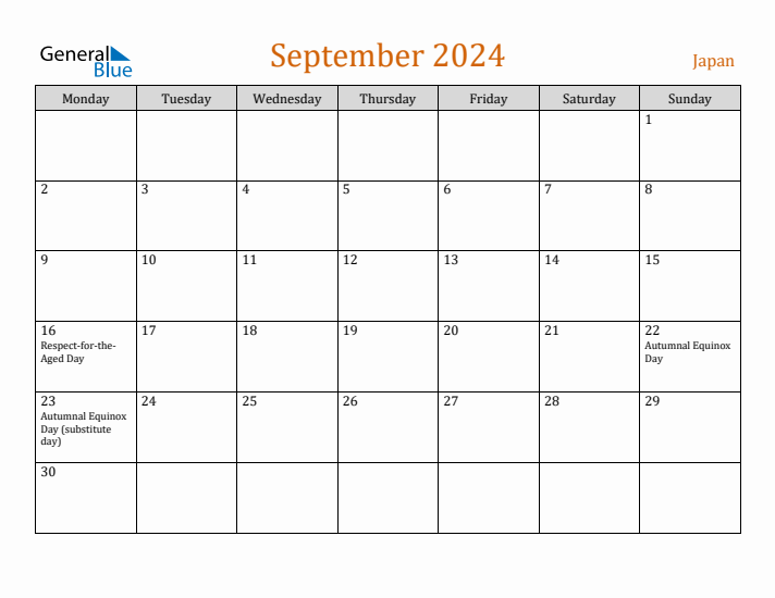 September 2024 Holiday Calendar with Monday Start