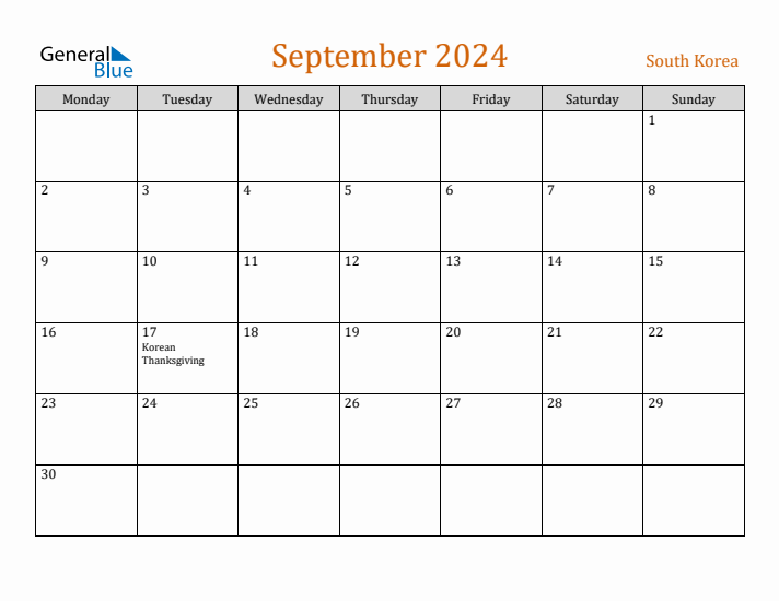 September 2024 Holiday Calendar with Monday Start