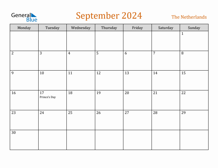 September 2024 Holiday Calendar with Monday Start