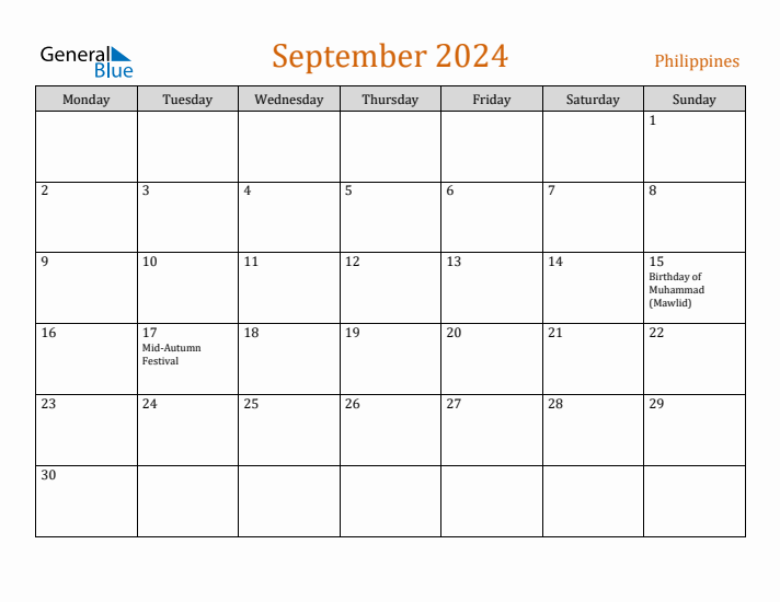 September 2024 Holiday Calendar with Monday Start