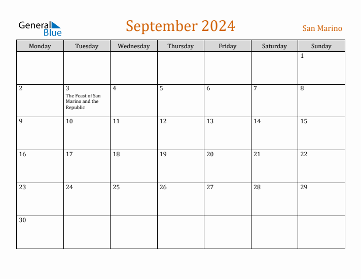 September 2024 Holiday Calendar with Monday Start