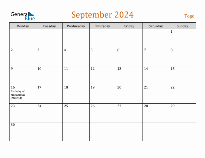 September 2024 Holiday Calendar with Monday Start