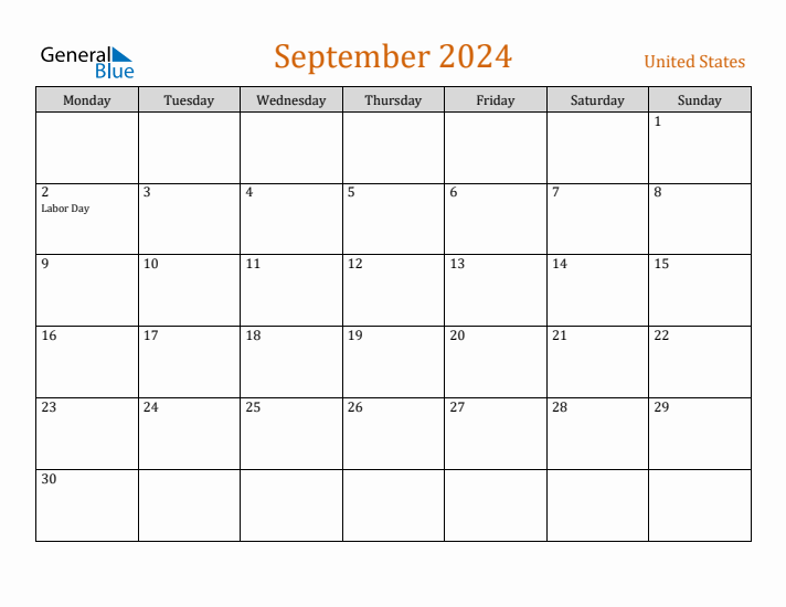 September 2024 Holiday Calendar with Monday Start