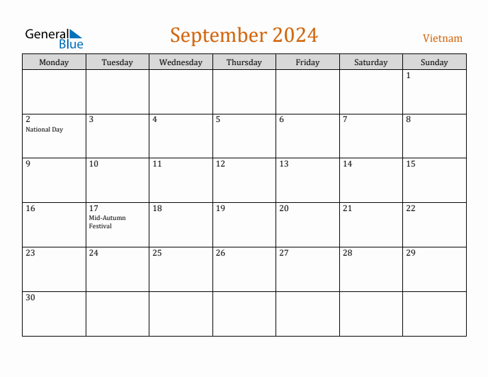 September 2024 Holiday Calendar with Monday Start