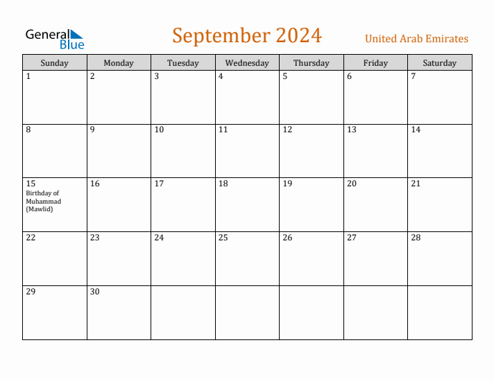 September 2024 Holiday Calendar with Sunday Start