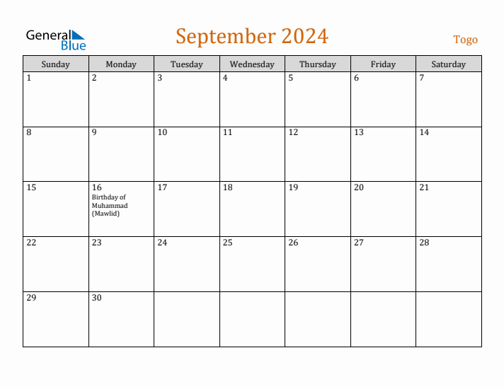 September 2024 Holiday Calendar with Sunday Start