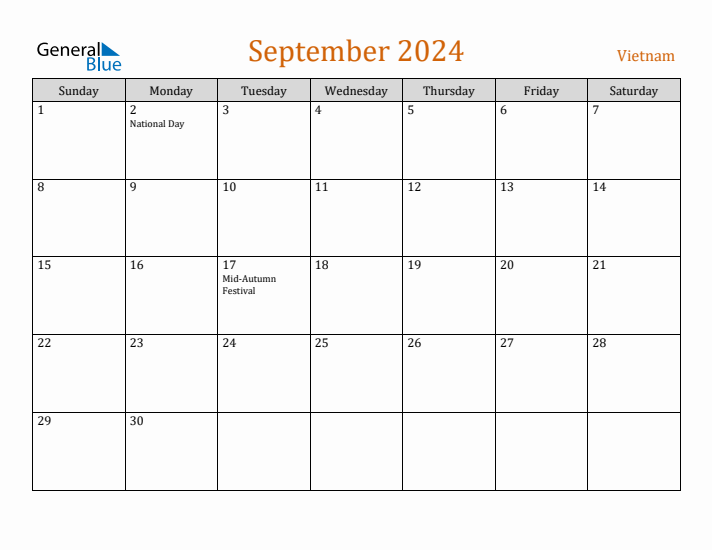 September 2024 Holiday Calendar with Sunday Start