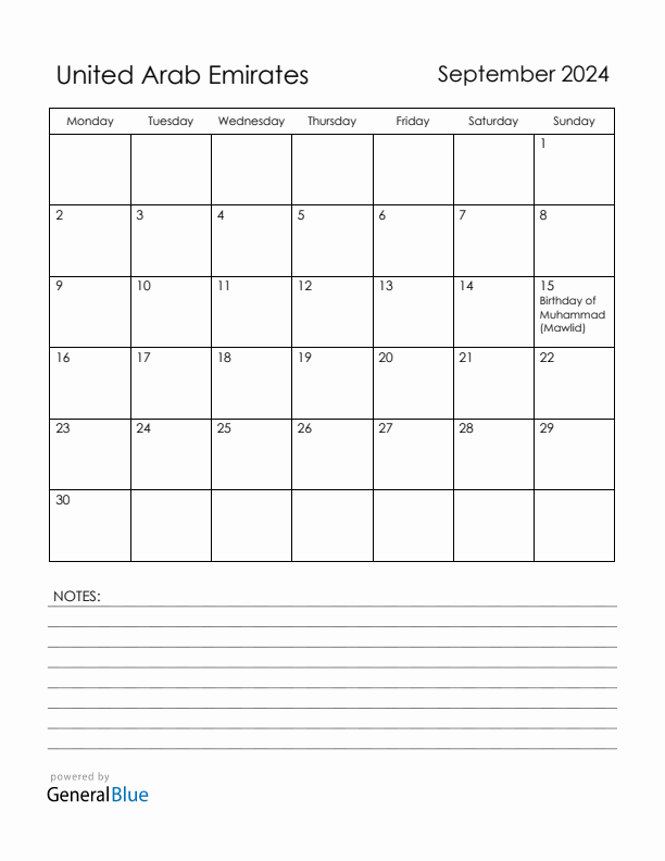 September 2024 United Arab Emirates Calendar with Holidays (Monday Start)