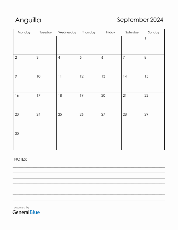 September 2024 Anguilla Calendar with Holidays (Monday Start)