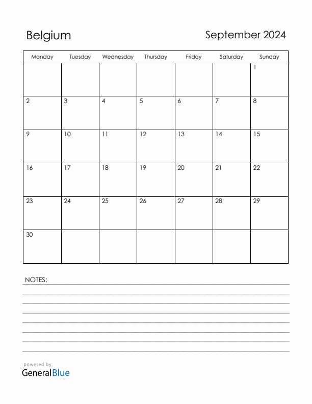 September 2024 Belgium Calendar with Holidays (Monday Start)