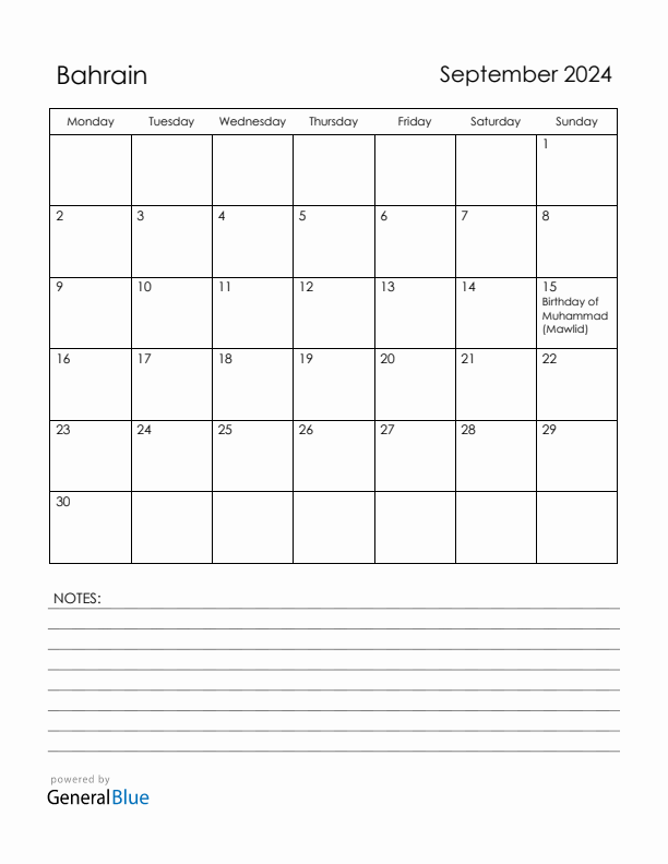 September 2024 Bahrain Calendar with Holidays (Monday Start)