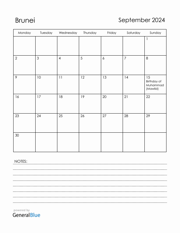 September 2024 Brunei Calendar with Holidays (Monday Start)