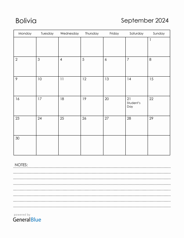 September 2024 Bolivia Calendar with Holidays (Monday Start)