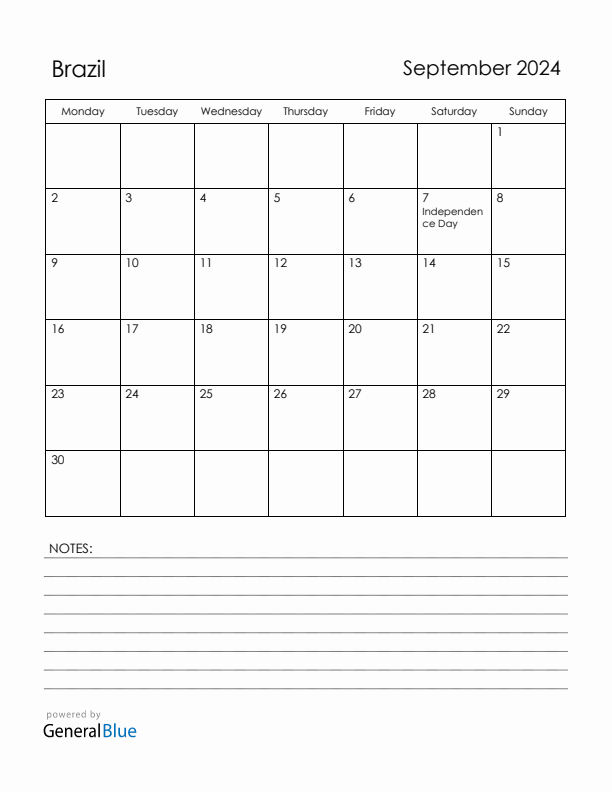 September 2024 Brazil Calendar with Holidays (Monday Start)