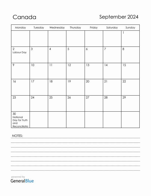 September 2024 Canada Calendar with Holidays (Monday Start)